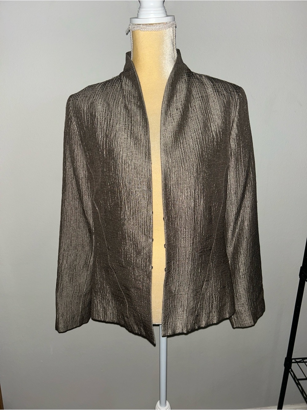 NEW Eileen Fisher Petite Womens Metallic Textured Open-Front Jacket Bronze Sz MP